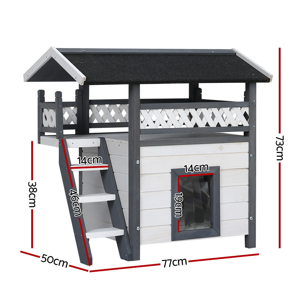 i.Pet Double-Tier Small Animal Hutch with Stairs and Asphalt Roof 77cm Grey White