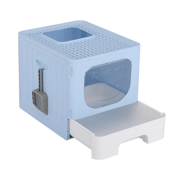 i.Pet Enclosed Cat Litter Box Hooded Foldable with Scoop Blue