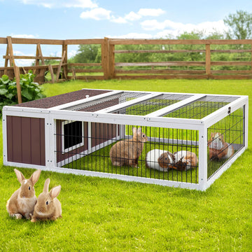 i.Pet FIR Wood Rabbit Hutch with Asphalt Roof and Powder-Coated Mesh 124cm