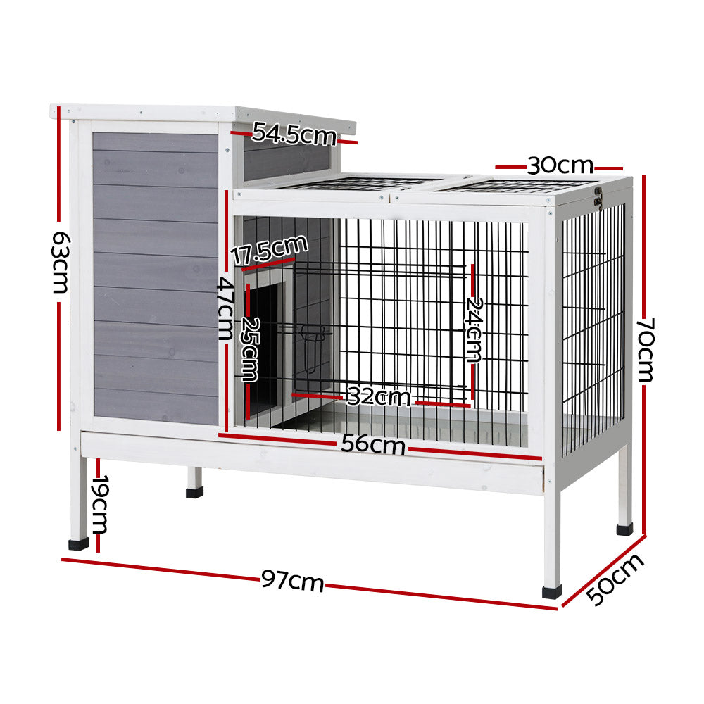 i.Pet FIR Wood Rabbit Hutch with Indoor Bedroom and Ground Play Area 97cm