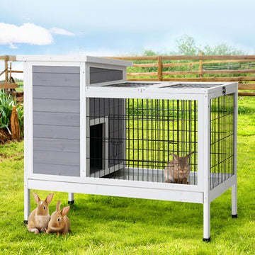 i.Pet FIR Wood Rabbit Hutch with Indoor Bedroom and Ground Play Area 97cm