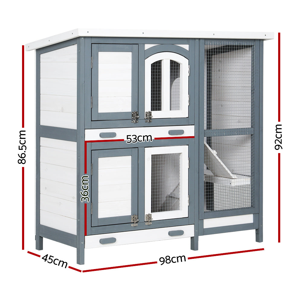 i.Pet Multi-Level FIR Wood Rabbit Hutch with Slide-Out Trays 98cm Grey White