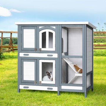 i.Pet Multi-Level FIR Wood Rabbit Hutch with Slide-Out Trays 98cm Grey White