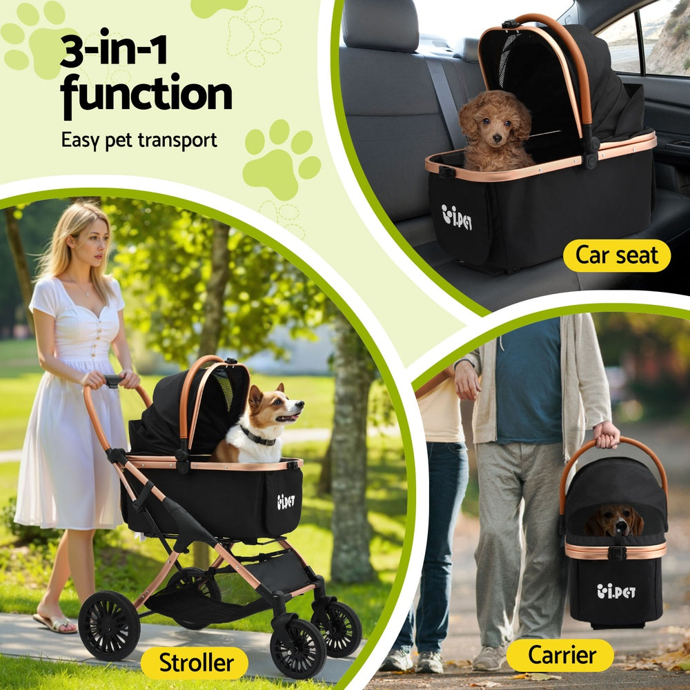 i.Pet Pet Stroller Rose Gold and Black Foldable