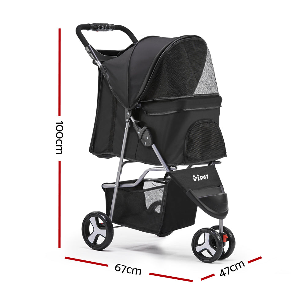 i.Pet Pet Stroller for Dogs and Cats Foldable Travel 3-Wheel Black