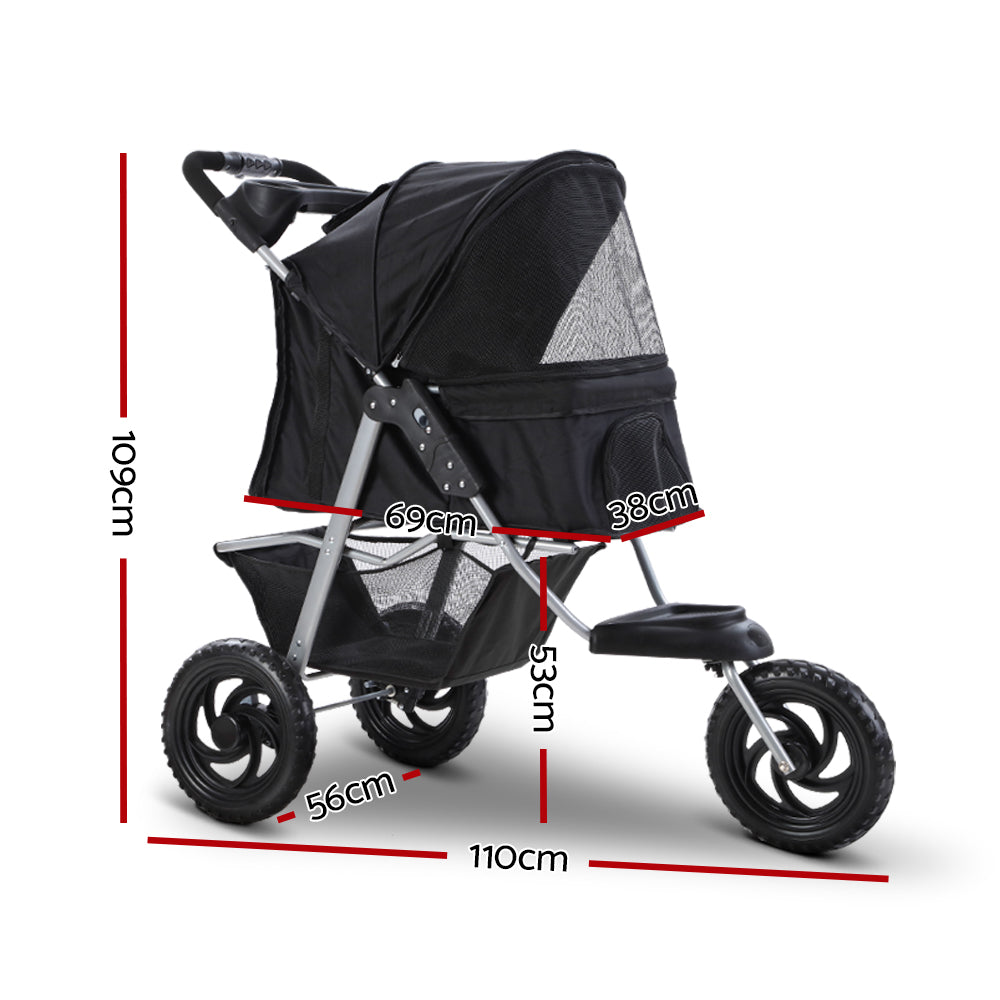 i.Pet Pet Stroller for Dogs and Cats Elevated Travel 3-Wheel Black