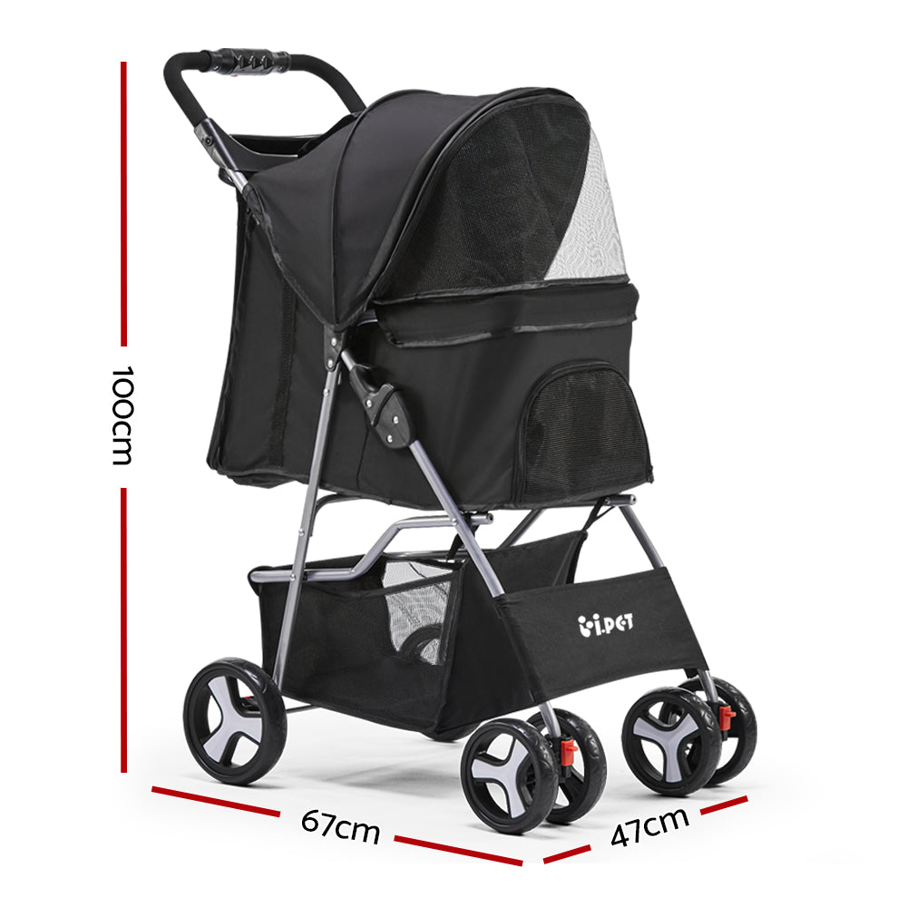 i.Pet Pet Stroller for Dogs and Cats 4-Wheel Travel Foldable Black