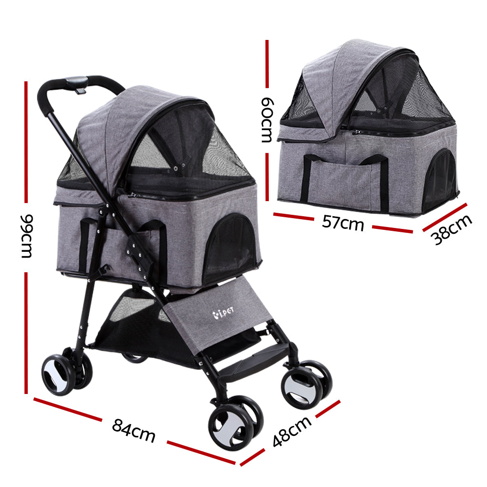 i.Pet Pet Stroller 3-in-1 Carrier and Car Seat Foldable 4-Wheel Grey