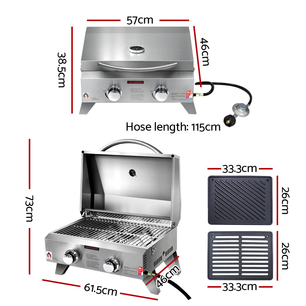 Grillz 2-Burner Gas BBQ 20,000BTU with Plates Stainless Steel