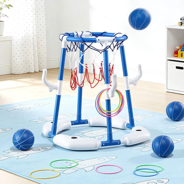 Keezi Kids Basketball and Ring Toss Activity Set with 4 Balls Adjustable Blue