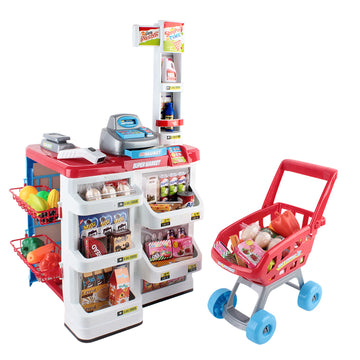 Keezi Kids Supermarket Playset Pretend Play 24-Piece with Cash Register Trolley
