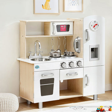 Keezi Kids Wooden Kitchen Play Set Pretend Cooking White Beige