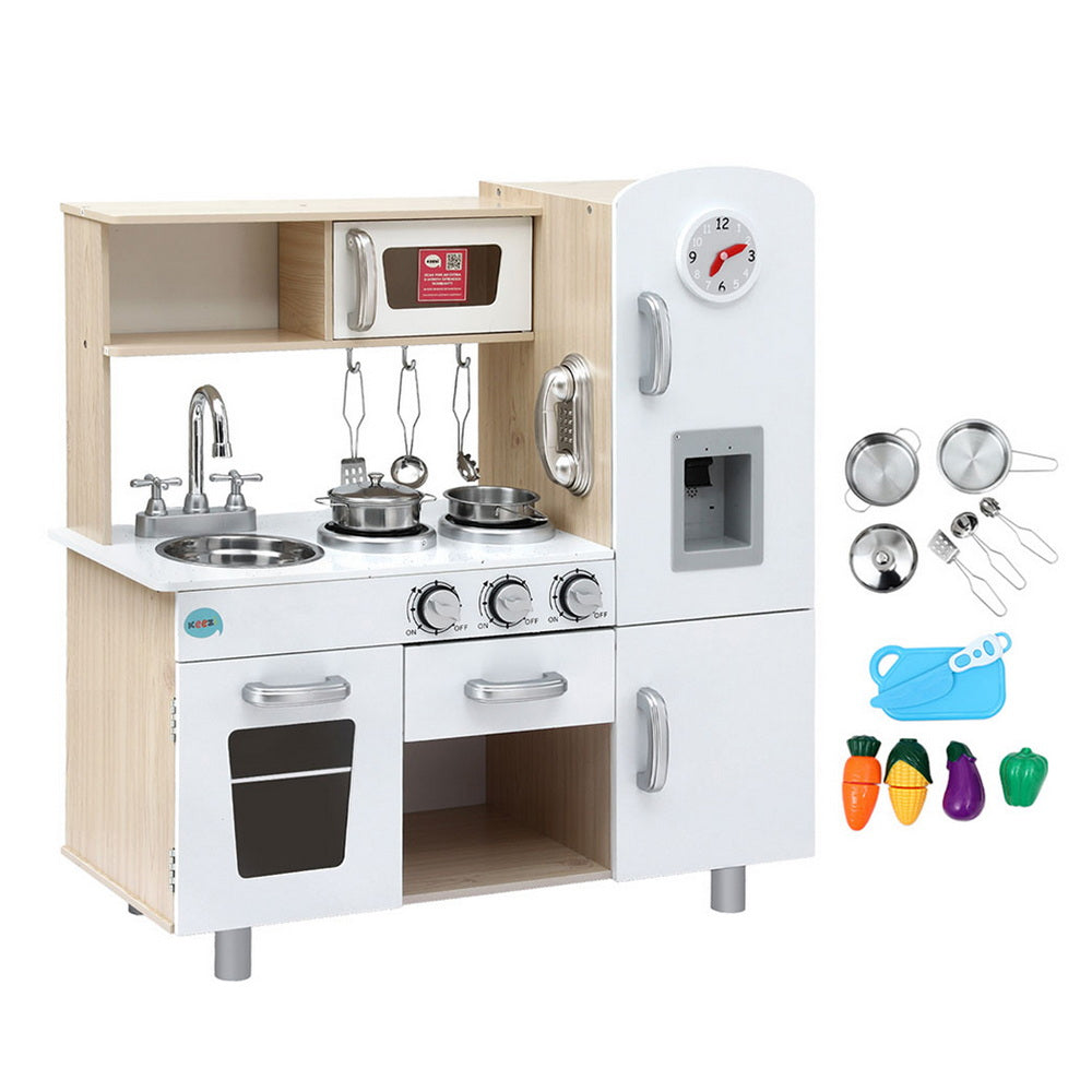 Keezi Kids Wooden Kitchen Play Set Pretend Cooking White Beige