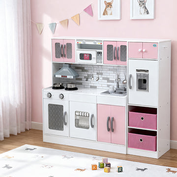 Keezi Wooden Kids Kitchen Playset with Lights and Sounds 100cm Pink