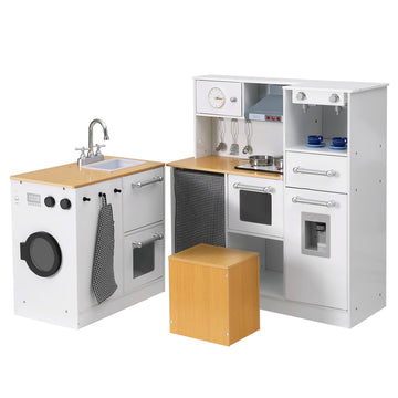 Keezi 2-Piece Wooden Kitchen Playset with Coffee Maker and Washing Machine White