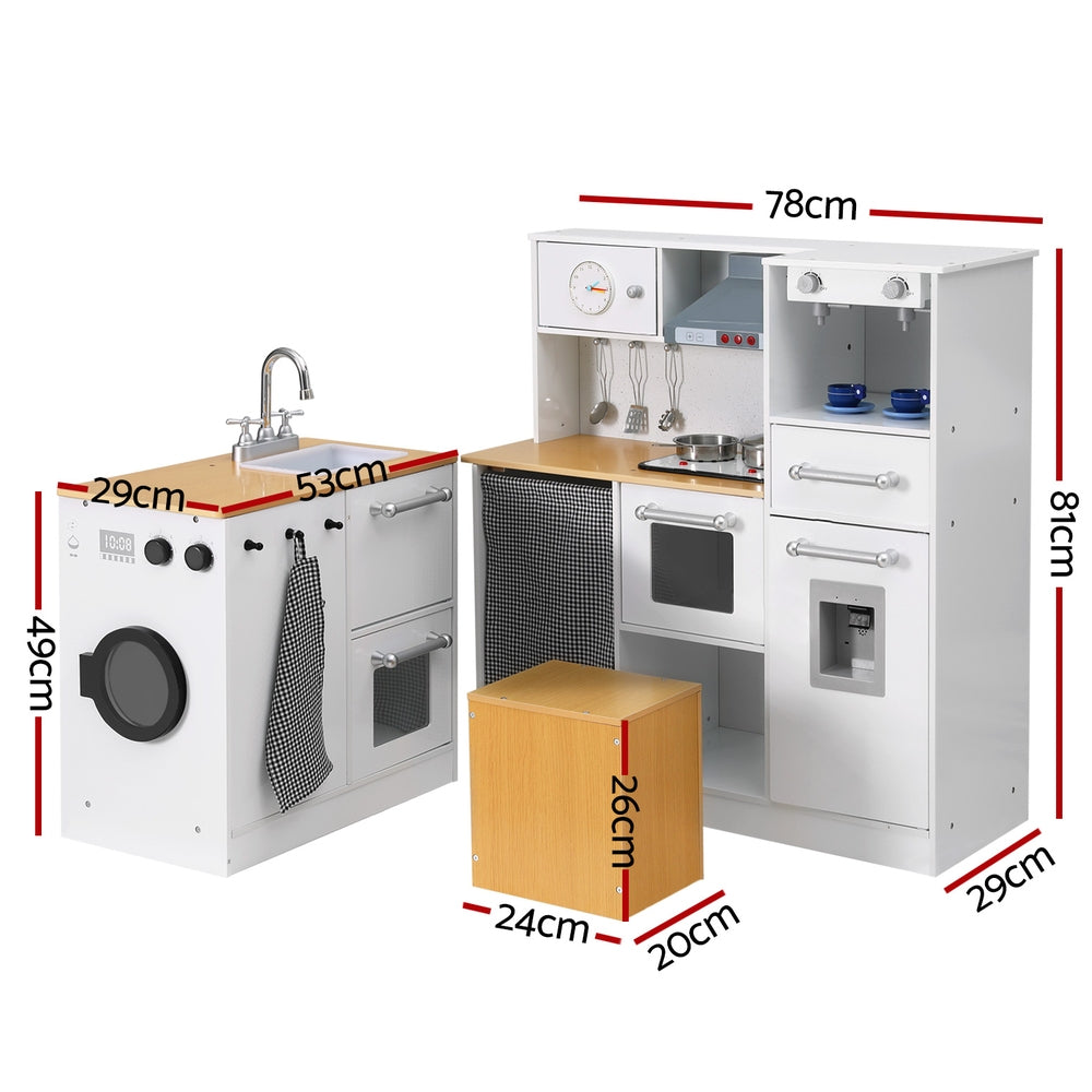 Keezi 2-Piece Wooden Kitchen Playset with Coffee Maker and Washing Machine White