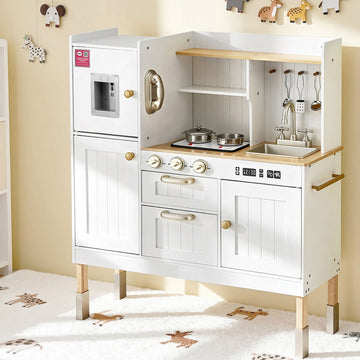 Keezi Kids Wooden Kitchen Play Set Pretend Cooking Water Dispenser White and Golden