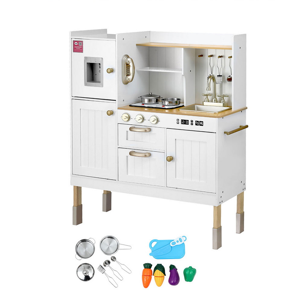 Keezi Kids Wooden Kitchen Play Set Pretend Cooking Water Dispenser White and Golden