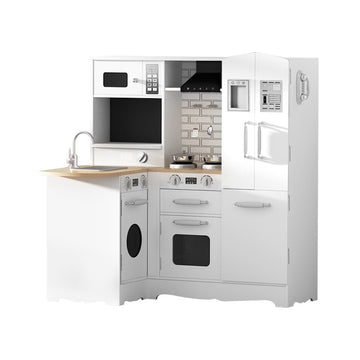 Keezi Wooden Kitchen Play Set with Fridge Microwave Oven White