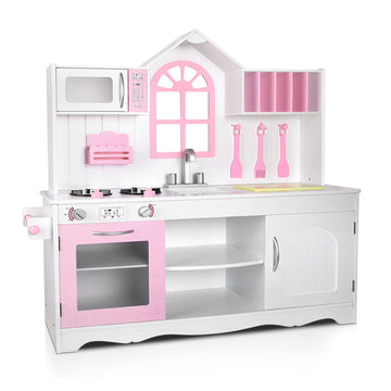 Keezi Kids Kitchen Play Set Wooden Pretend Play White Pink