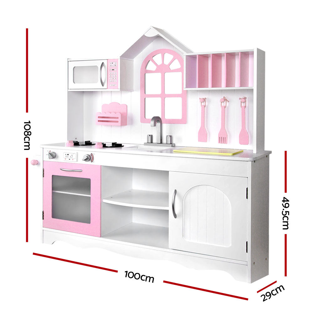 Keezi Kids Kitchen Play Set Wooden Pretend Play White Pink
