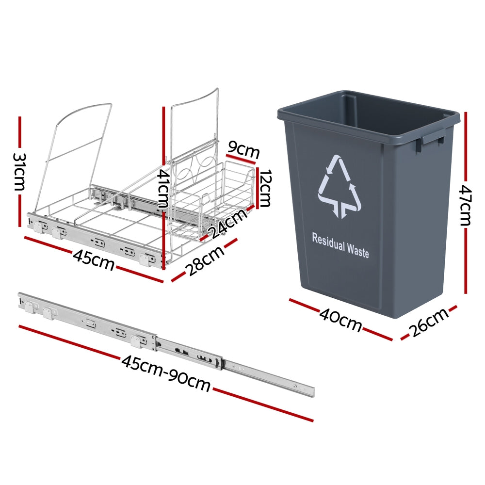 Cefito Pull Out Kitchen Cabinet Bin 40L Slide Out Grey