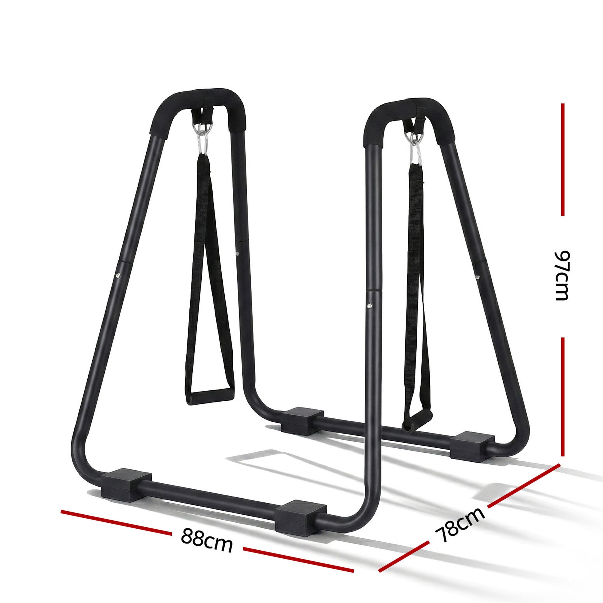 Side view of black steel dip station showing 97cm height and stable one-piece frame geometry