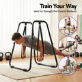 Detail of dual hanging rings on dip station frame for expanded calisthenics routine
