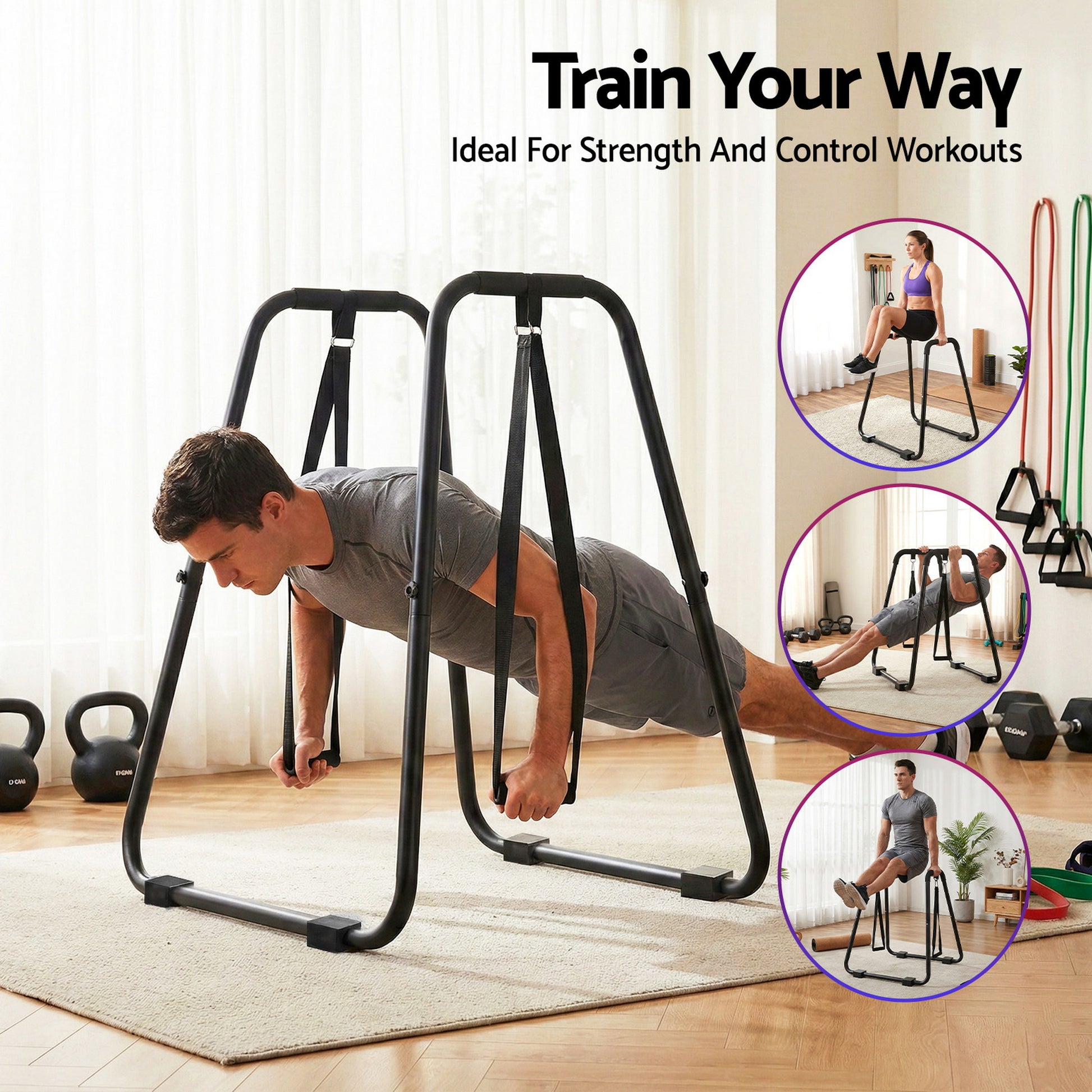 Detail of dual hanging rings on dip station frame for expanded calisthenics routine