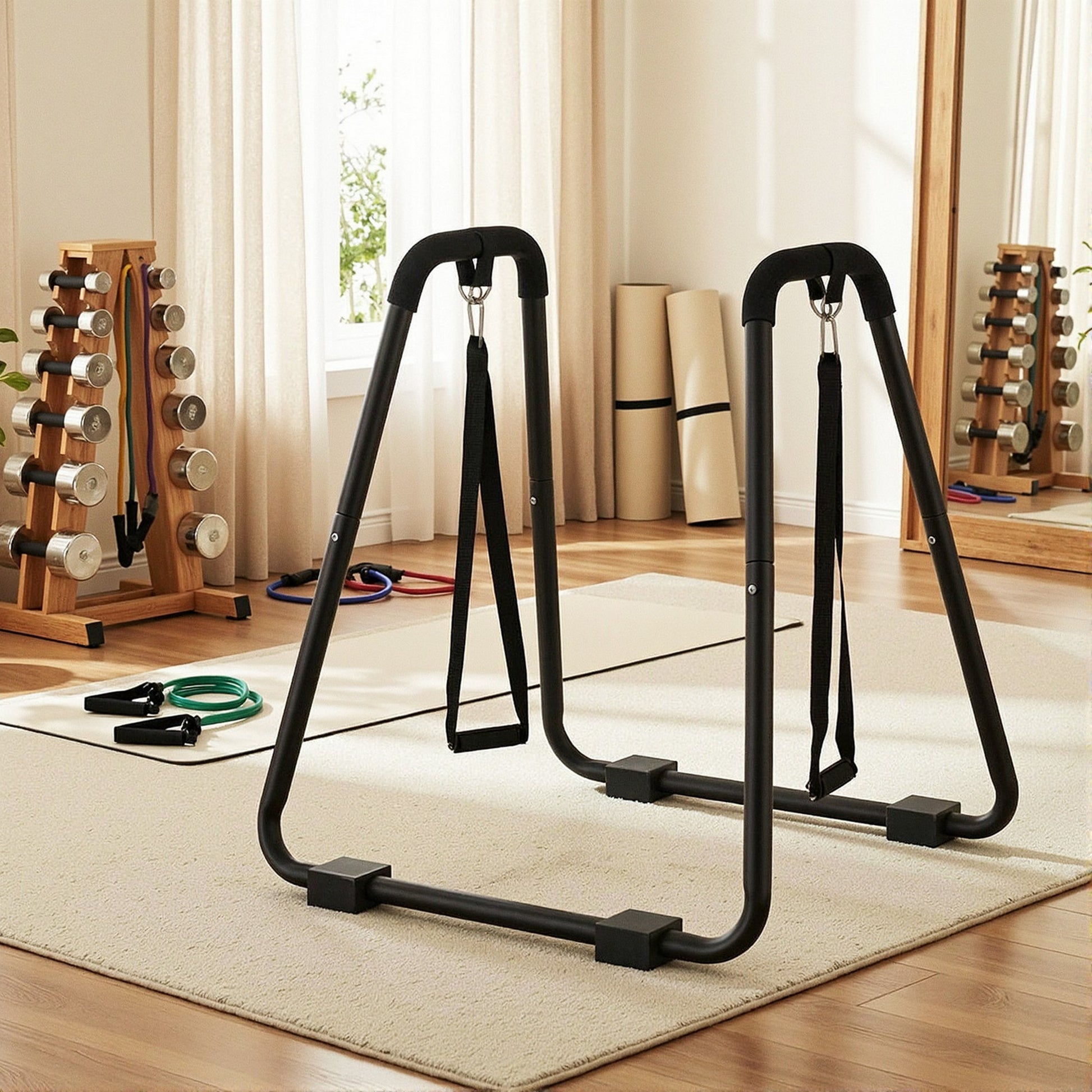 Person using dip station for inverted row exercise with training straps attached