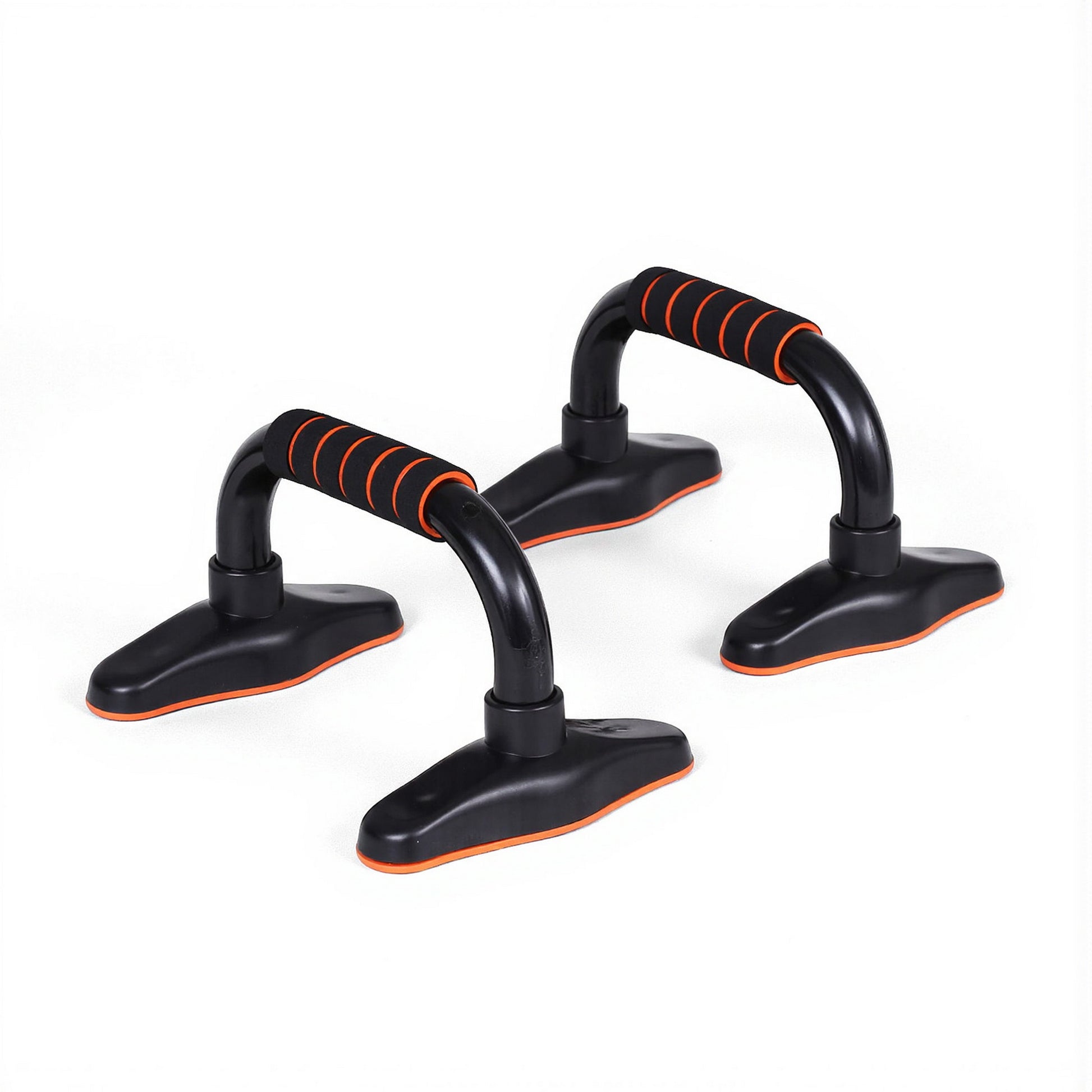 Pair of black push-up stands with orange-striped foam grips and non-slip orange base pads on white background