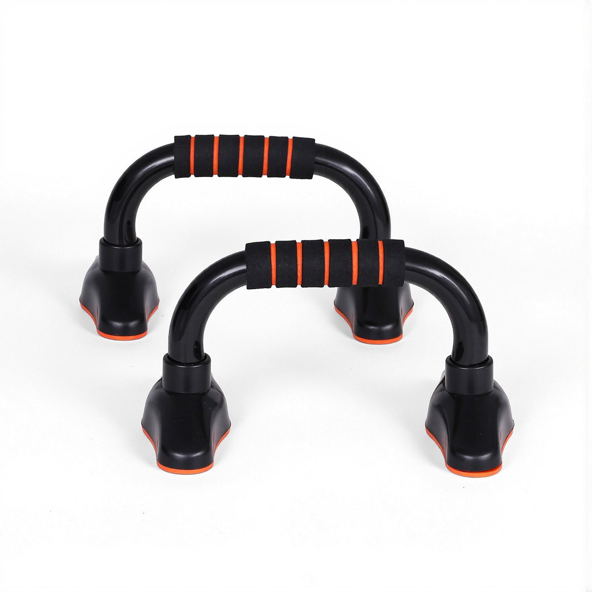Front view of two black push-up stands with black foam grips and four orange-accented non-slip feet on white background