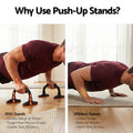 Why Use Push-Up Stands infographic comparing man using push-up bars with greater range of motion versus floor push-ups