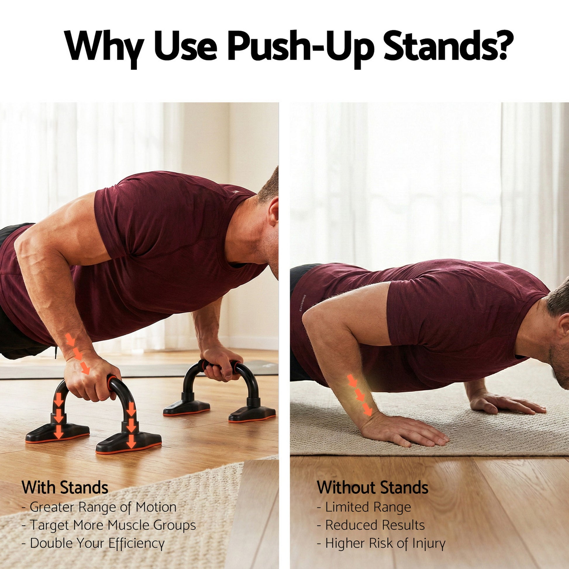 Why Use Push-Up Stands infographic comparing man using push-up bars with greater range of motion versus floor push-ups