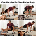Four-panel infographic showing man performing chest, core, bicep and back exercises with black push-up stands