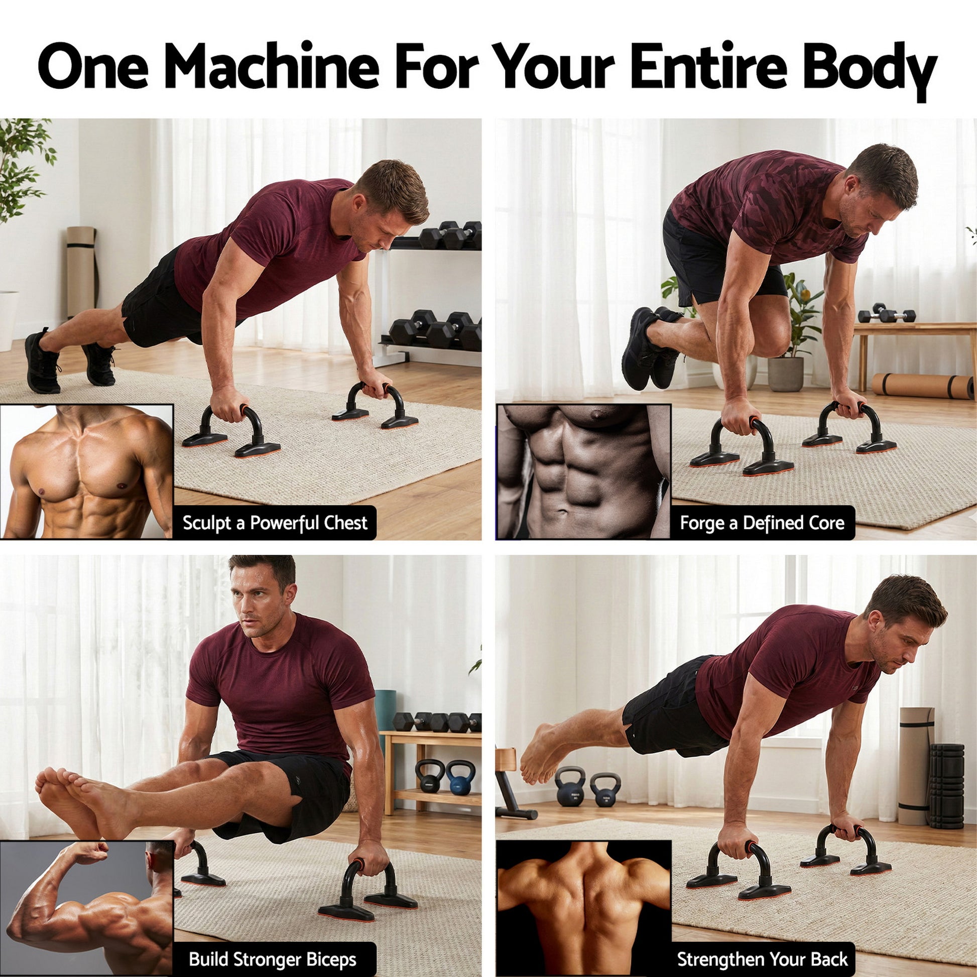 Four-panel infographic showing man performing chest, core, bicep and back exercises with black push-up stands