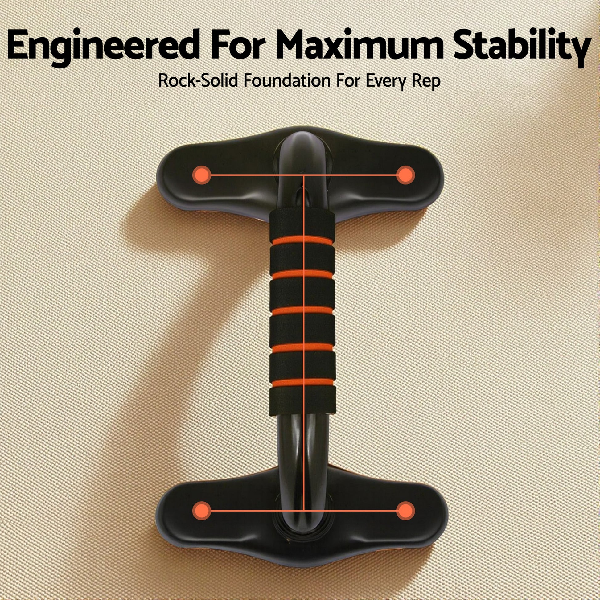 Top-down view of single black push-up stand with orange stability marker points on beige surface