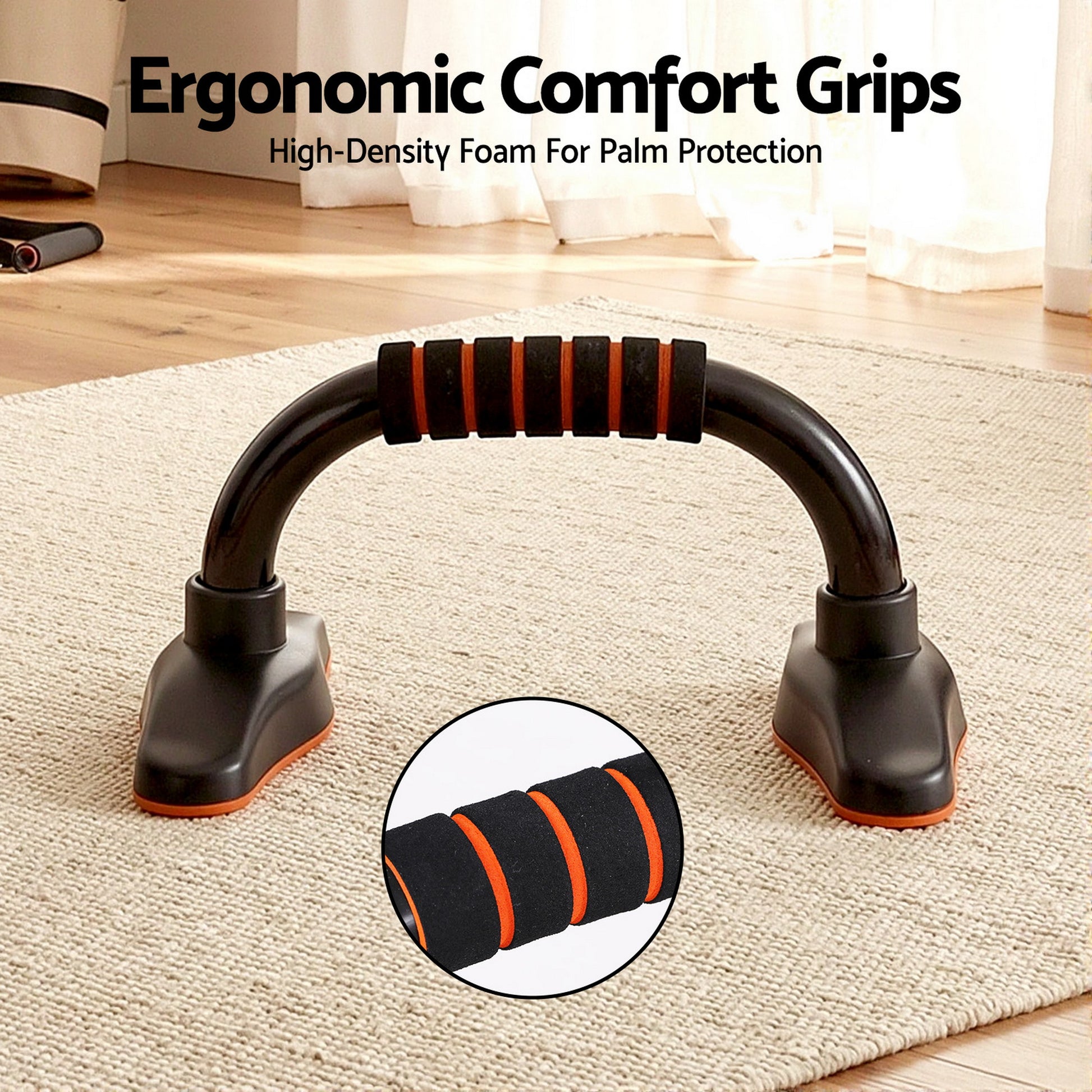 Single black push-up stand on rug with inset close-up of orange-striped high-density foam grip