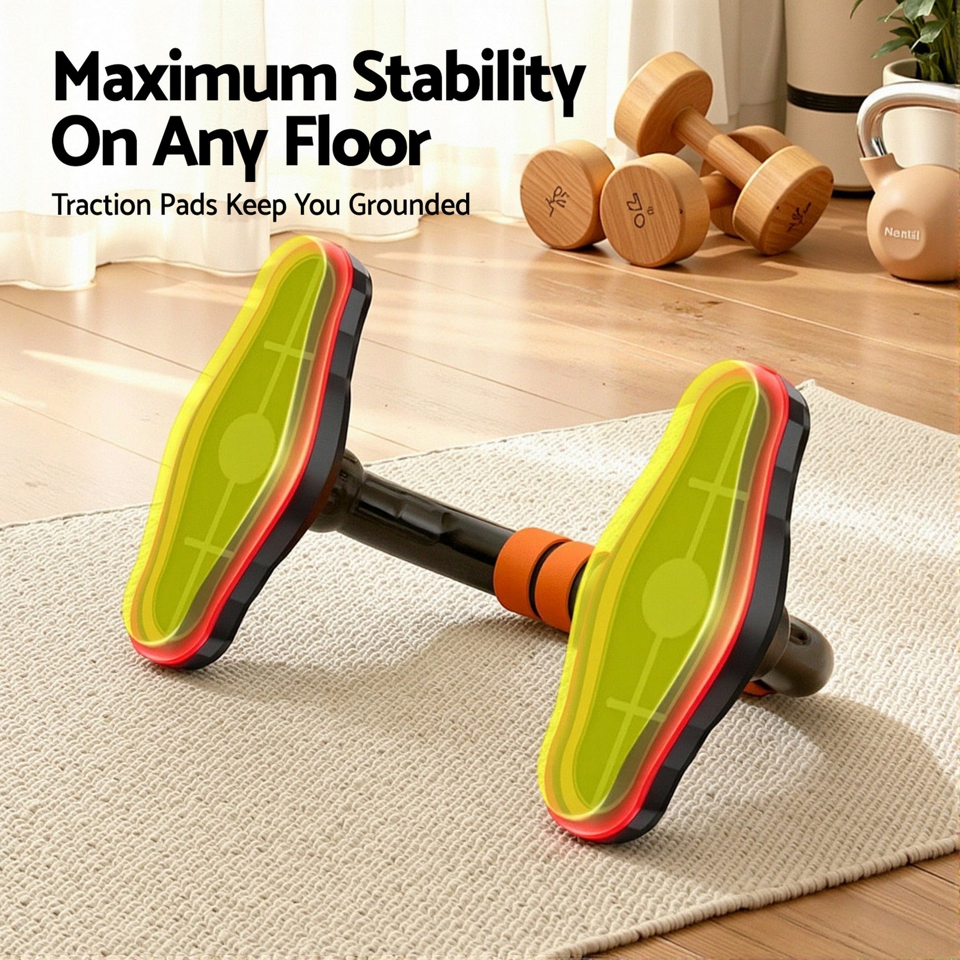Underside of push-up stand showing yellow-green non-slip traction pads on rug with dumbbells in background