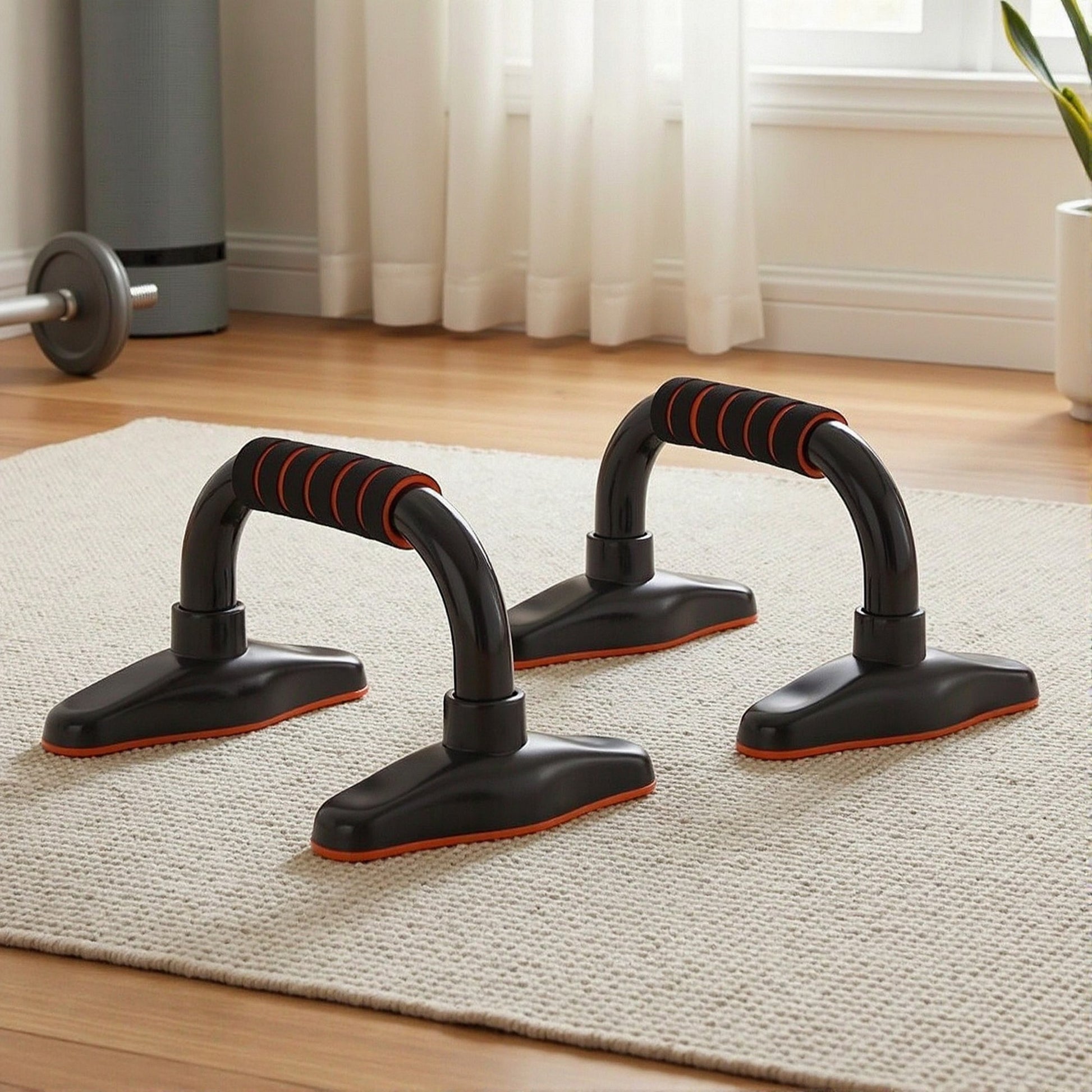 Two black push-up stands on cream rug in home gym setting, front-on view from ground level