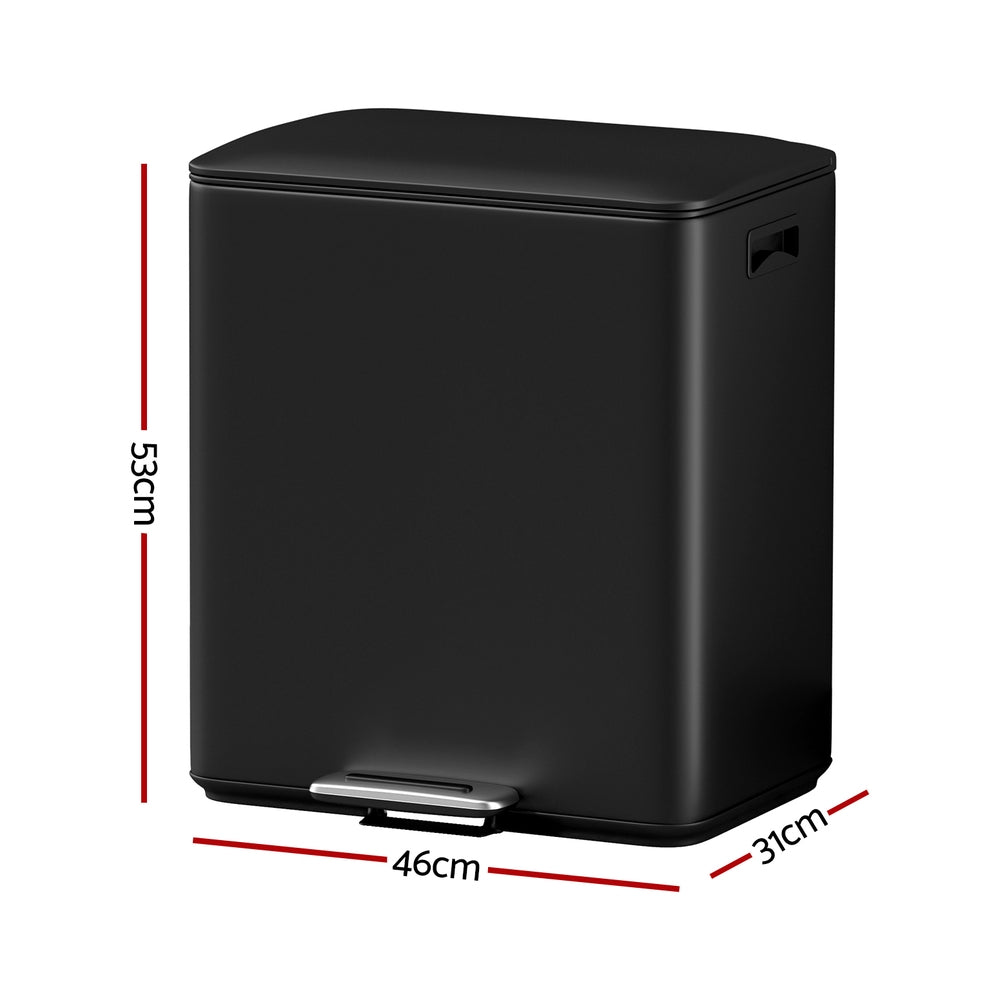 Cefito Dual Compartment Pedal Bin 40L Soft Close Black Carbon Steel