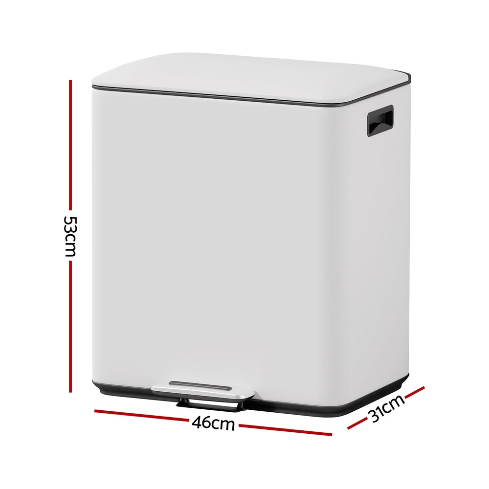 Cefito Dual Compartment Pedal Bin 40L Soft Close White Carbon Steel
