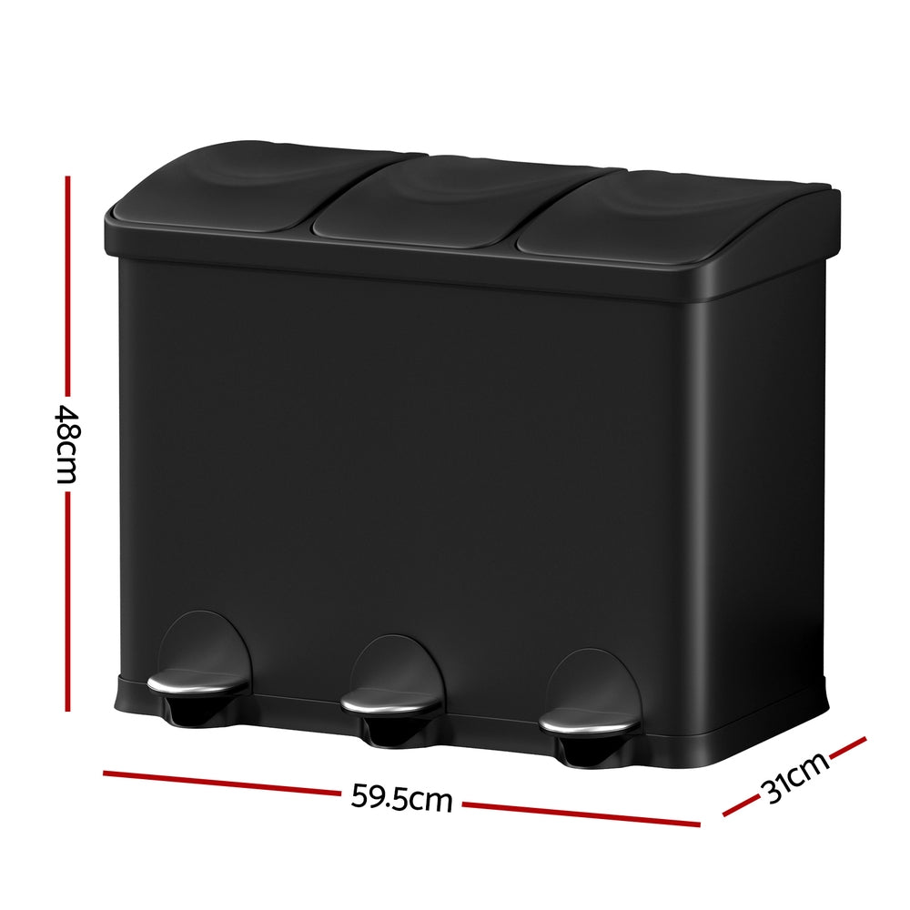Cefito Triple Compartment Pedal Bin 45L Soft Close Black Carbon Steel