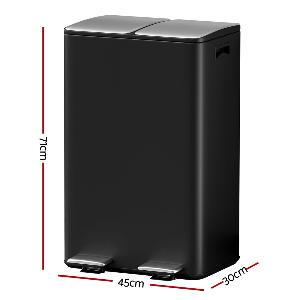 Cefito Dual Compartment Pedal Bin 60L Soft Close Black Carbon Steel