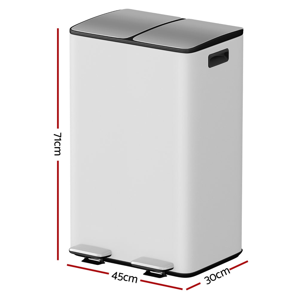 Cefito Dual Compartment Pedal Bin 60L Soft Close White Carbon Steel