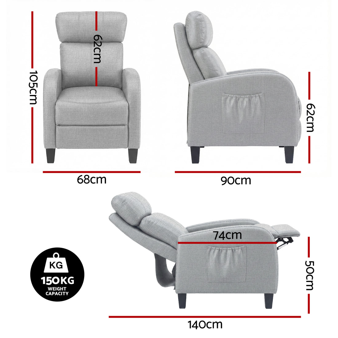 Artiss Small Massage Recliner Chair Fabric Grey