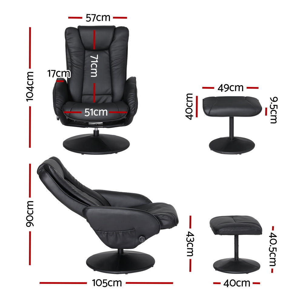 Artiss Heated Massage Recliner Chair with Ottoman Black PU Leather