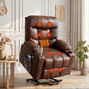 Artiss Recliner Chair Lift Assist Heated Massage PU Leather Brown