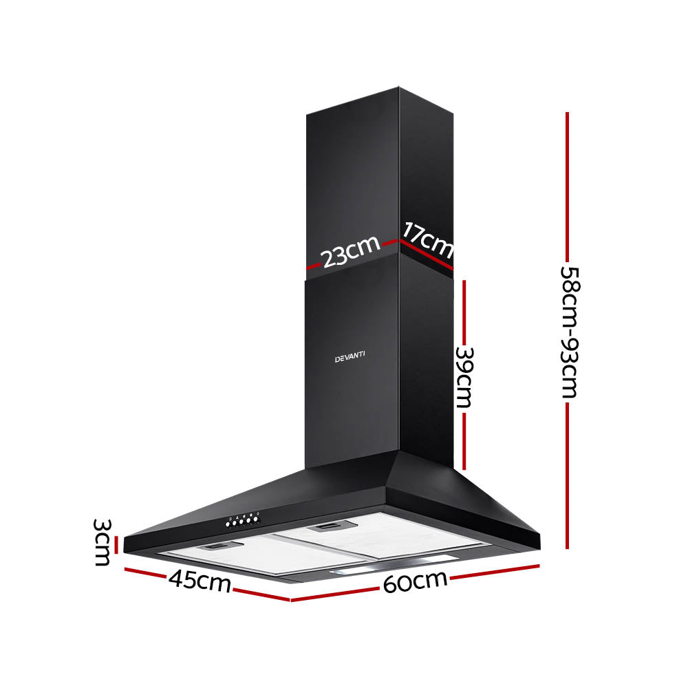 Devanti Range Hood Wall Mounted 600mm Strong Suction Black
