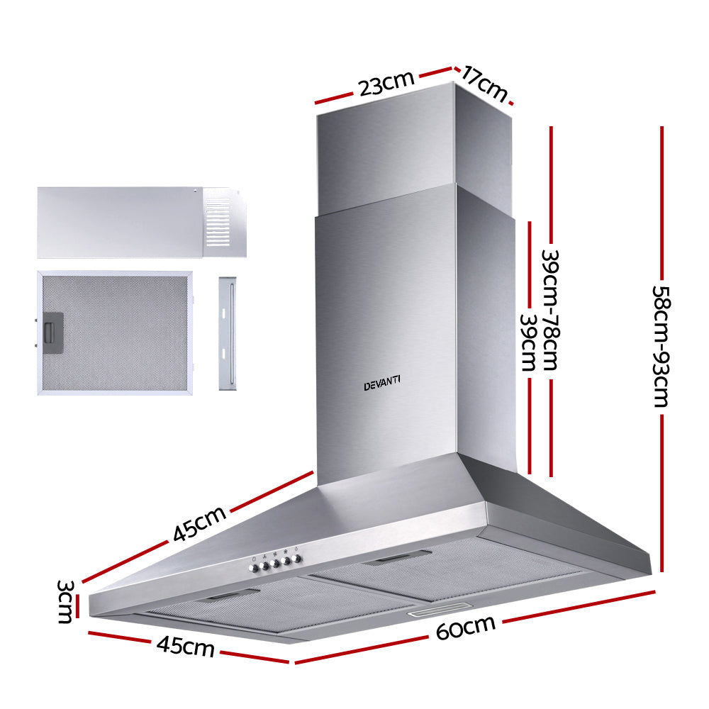 Devanti Range Hood 60cm Wall Mount Stainless Steel